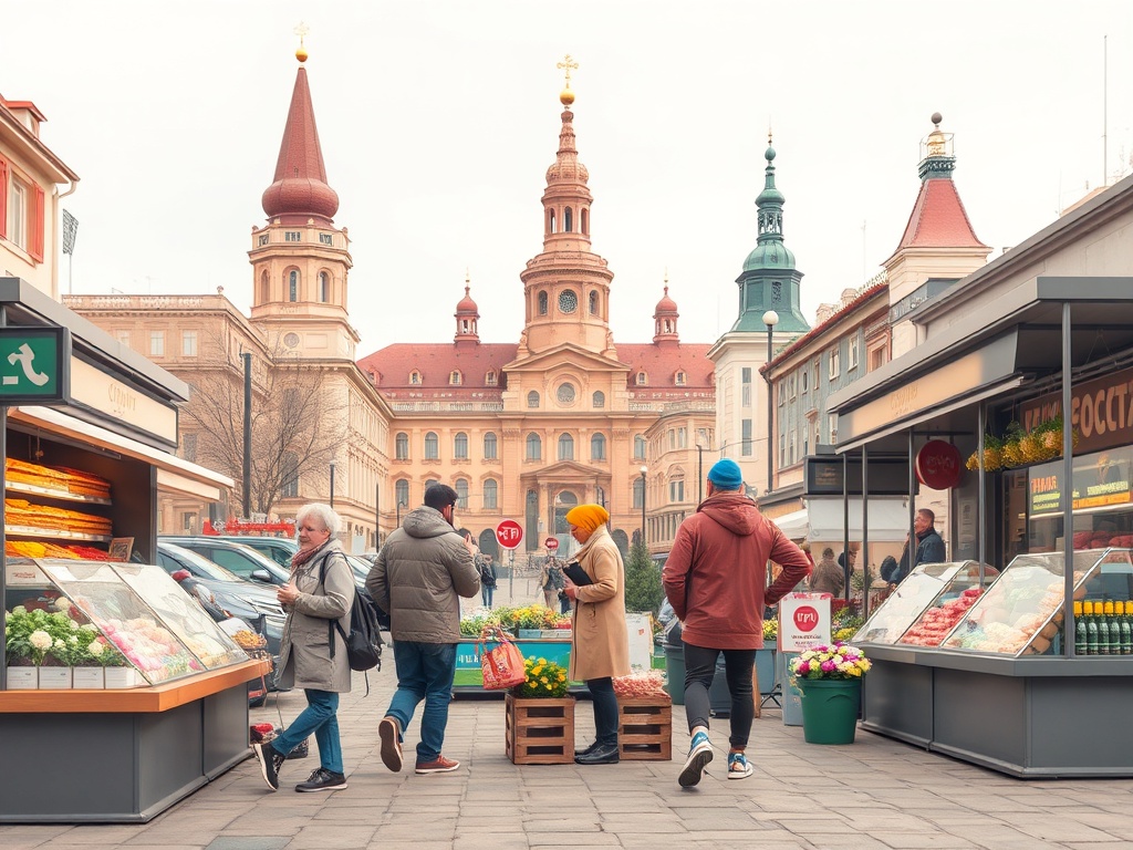 На площади с витринами продуктовых магазинов люди выбирают товары на фоне красивой архитектуры.