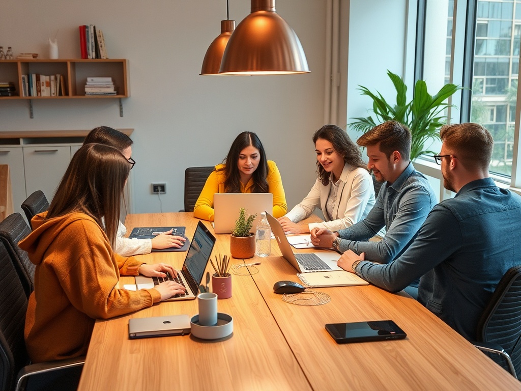 Группа людей на деловой встрече в современном офисе, обсуждают идеи за столом с ноутбуками.