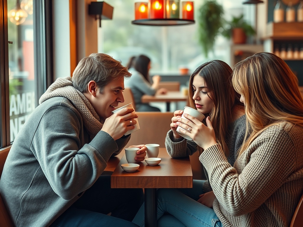 Трое молодежи в кафе наслаждаются горячими напитками и общаются за столом. Теплая атмосфера и уют.