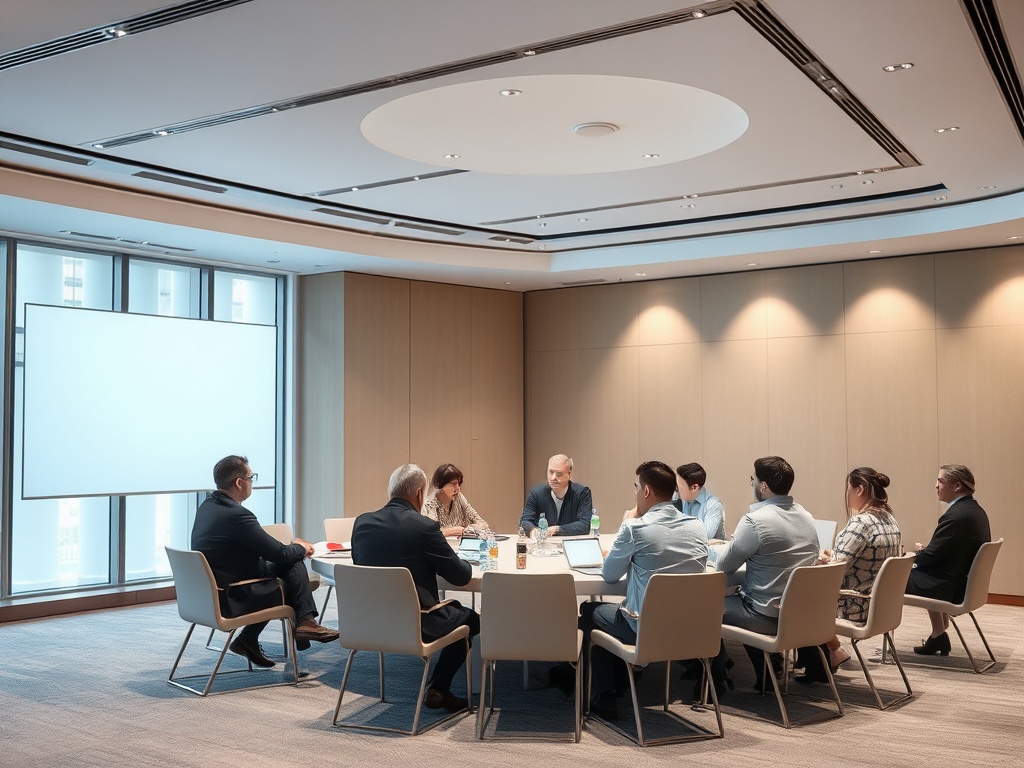Группа людей участвует в деловой встрече в современном конференц-зале. На столе ноутбуки и напитки.