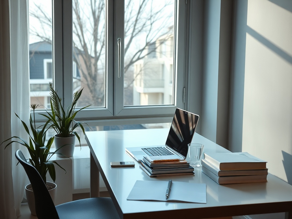 Стол у окна с ноутбуком, книгами, стеклянным стаканом и растением. Светлый уютный офис.