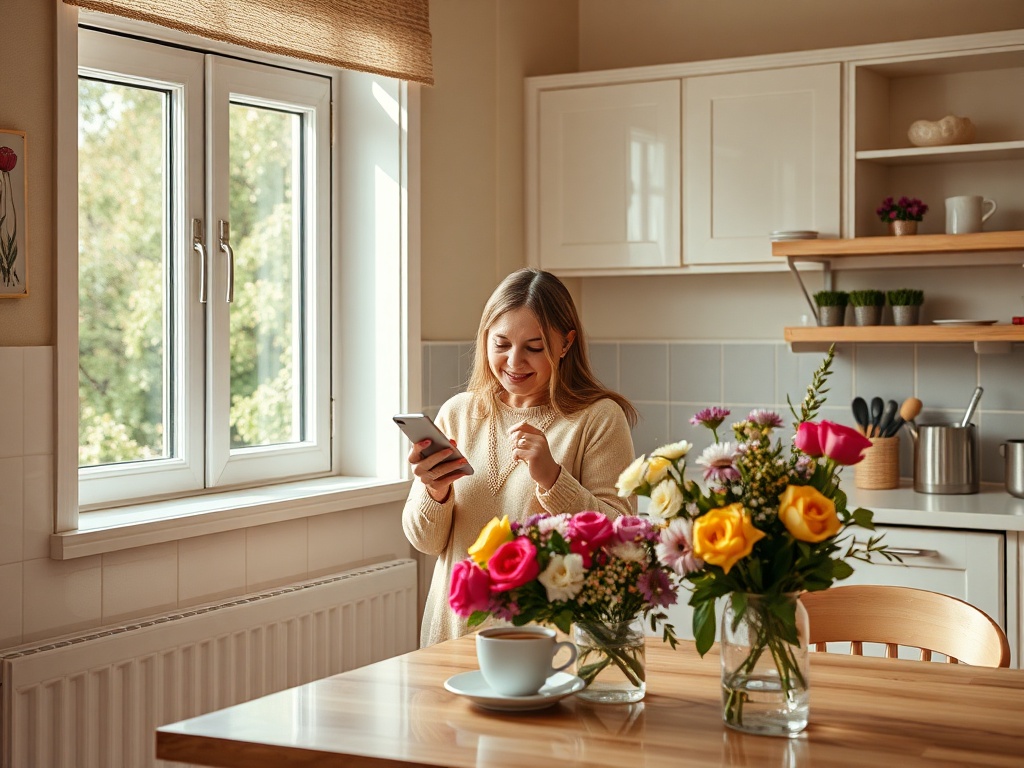 Женщина в светлом свитере сидит за столом в кухне, смотрит на телефон и улыбается. На столе цветы и чашка.