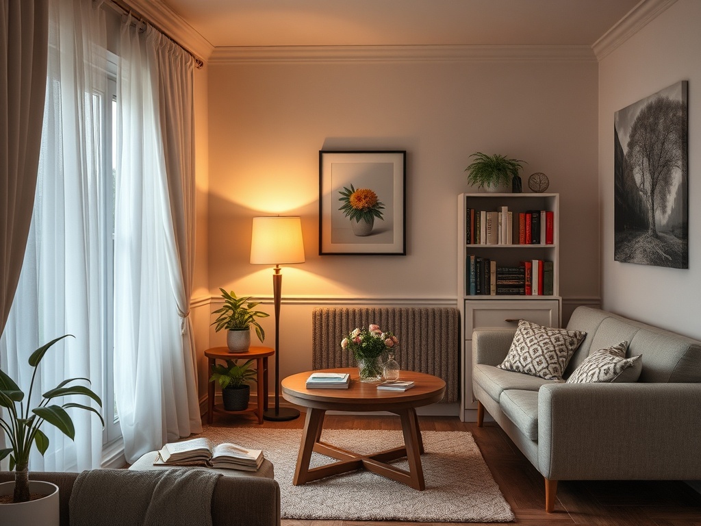 Уютная гостиная с диваном, книжным шкафом и лампой, освещающая комнату мягким светом.