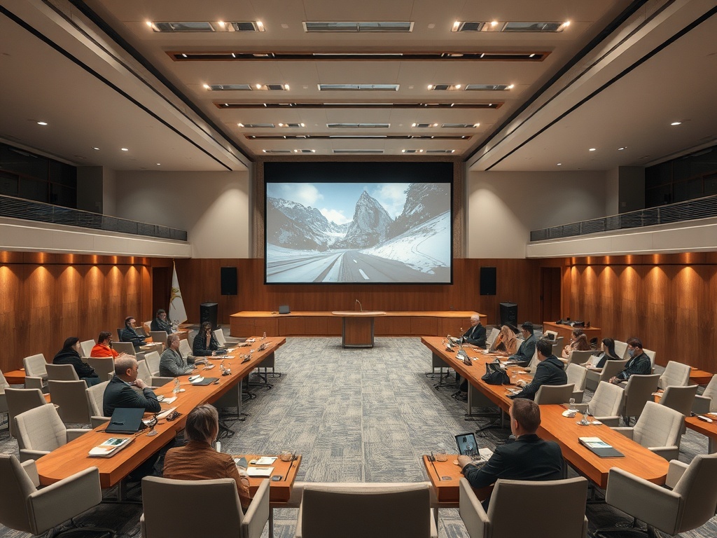Совещание в современном здании с участниками, сидящими за длинным столом, и экраном с изображением гор.