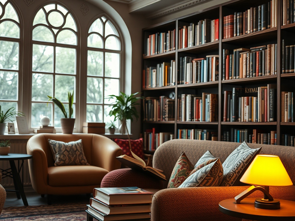 Уютная библиотека с креслами, книжными полками и светильником, создающая атмосферу для чтения.