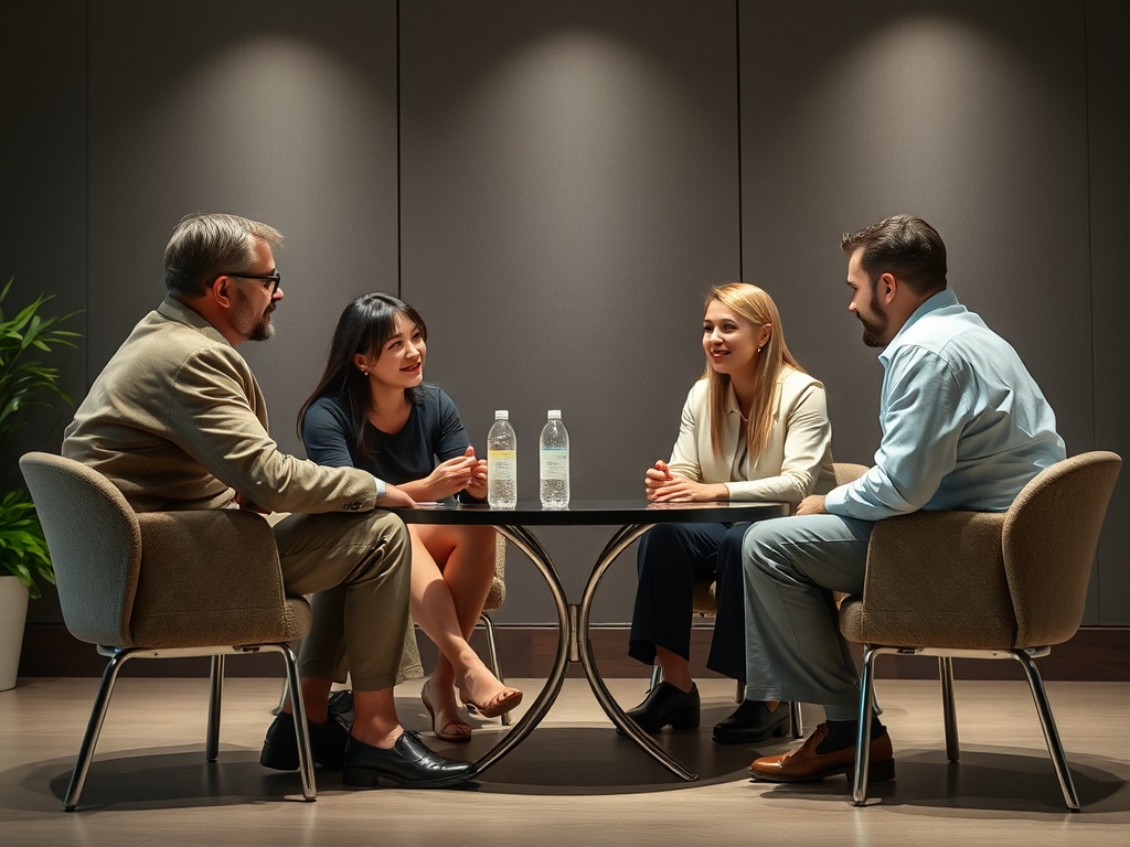 Четыре человека в деловой обстановке, обсуждающие что-то у круглого стола с бутылками воды.