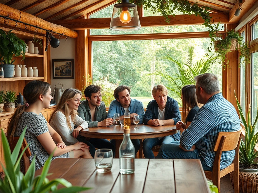 Компания друзей обсуждает что-то в уютной комнате с большими окнами и зелеными растениями.