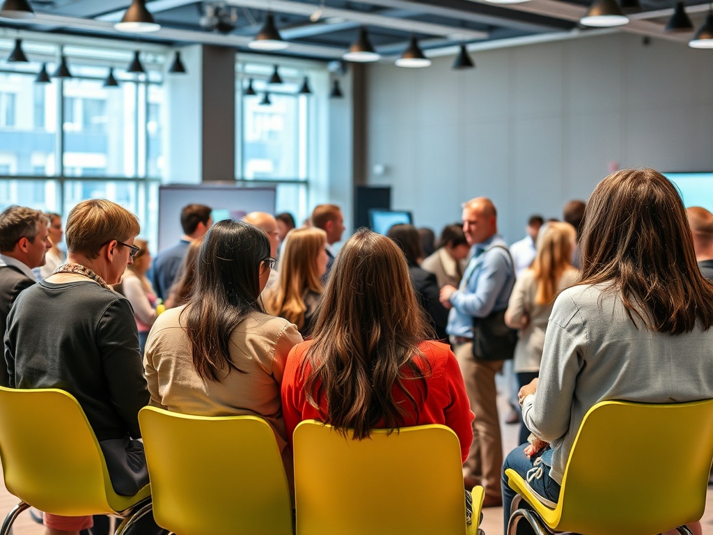 Событие: группа людей обсуждает в современном зале, сидя на желтых стульях, с видом на участников.