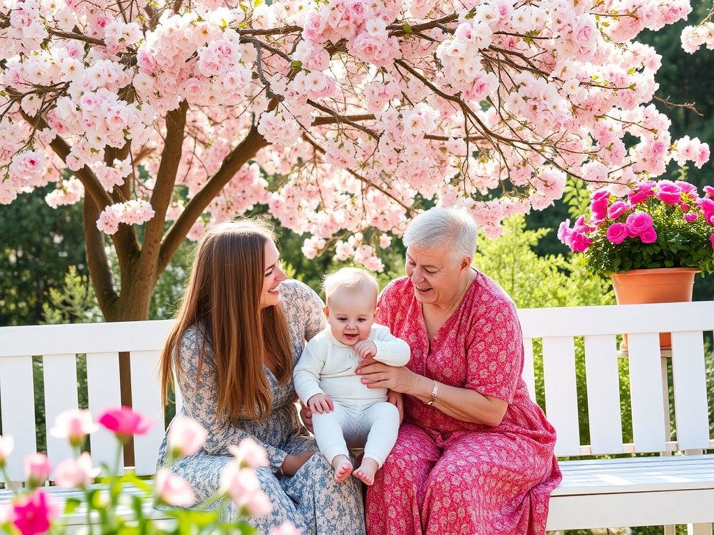 На скамейке под цветущей вишней сидят женщина, бабушка и младенец, окруженные яркими цветами.