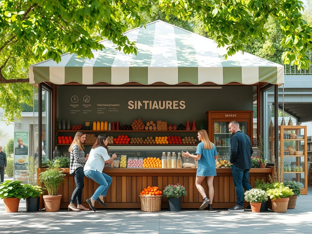 Летний рынок с фруктами и овощами. Люди общаются и выбирают товары под зелёным шатром.