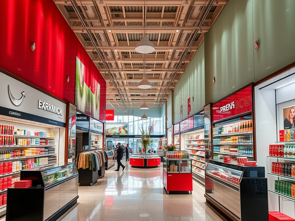 Современный магазин с ярким дизайном и разнообразными продуктами на полках. Люди делают покупки.