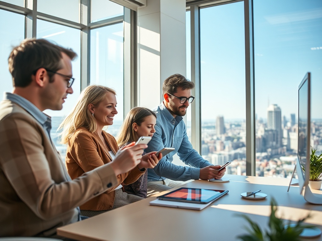 Четыре человека сидят за столом с документами и смартфонами, смотрят на город через большие окна.