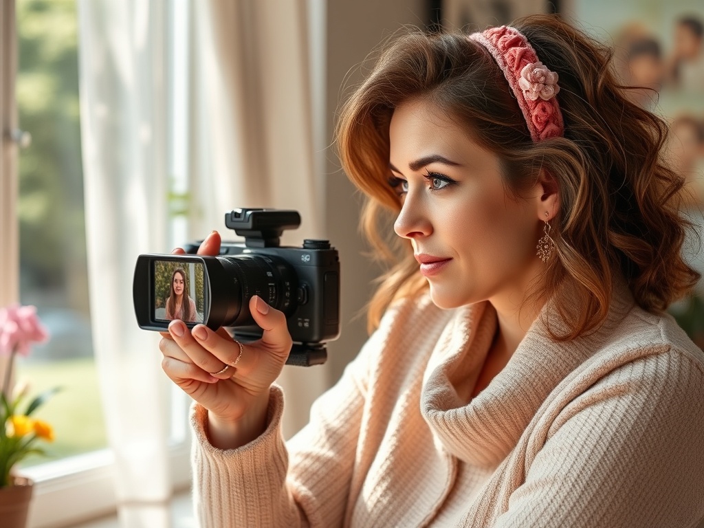 Женщина с кудрявыми волосами снимает себя на камеру, сидя у окна с цветами.