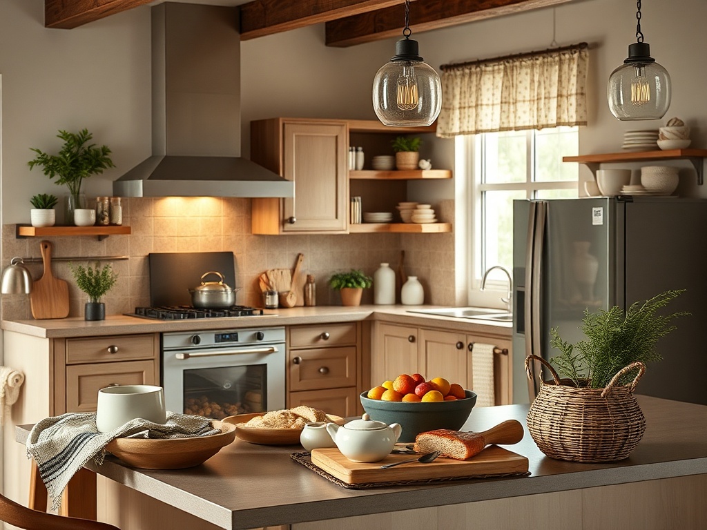 Современная кухня с деревянными полками, фруктами в миске и светильниками, создающими уютную атмосферу.