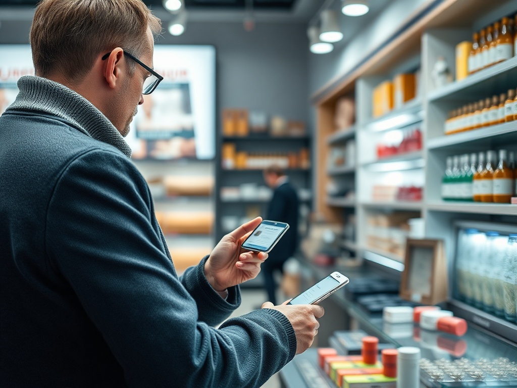 Мужчина в очках держит два телефона и смотрит на один из них в магазине с косметикой.