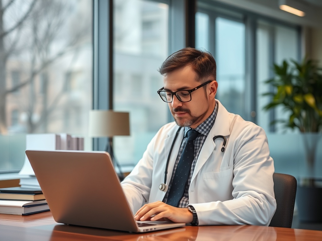 Врач в белом халате работает за ноутбуком в светлом офисе с растениями и книгами на столе.