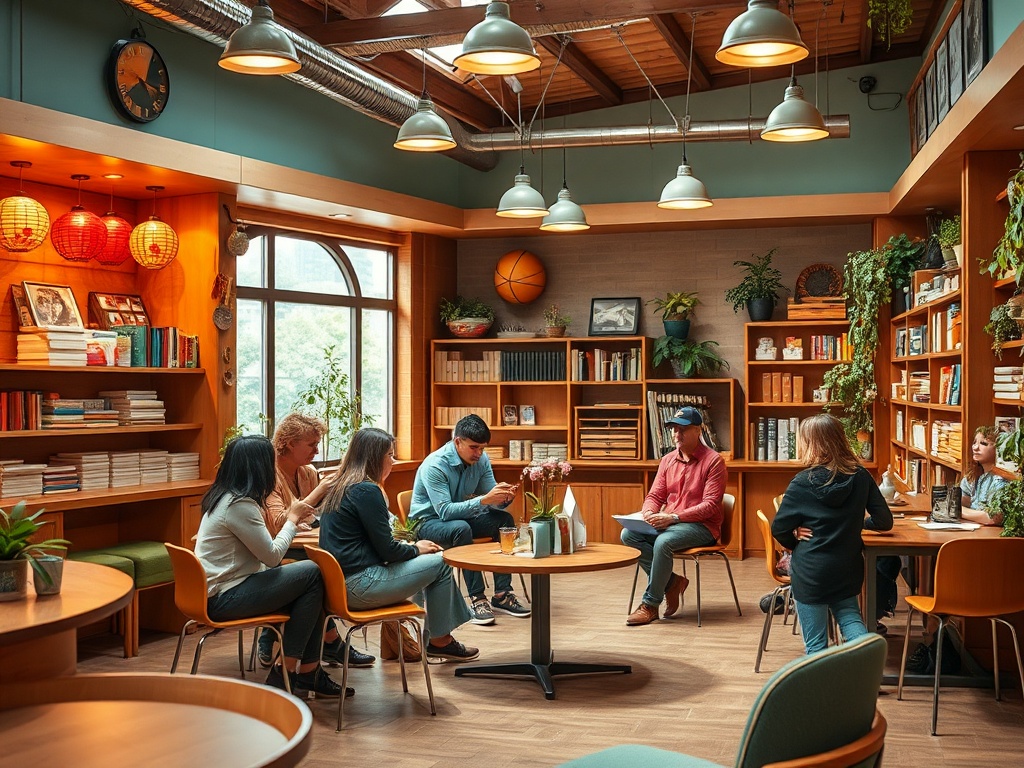 Современное кафе с книгами, растениями и группой людей, общающихся за столом. атмосферное и уютное место.