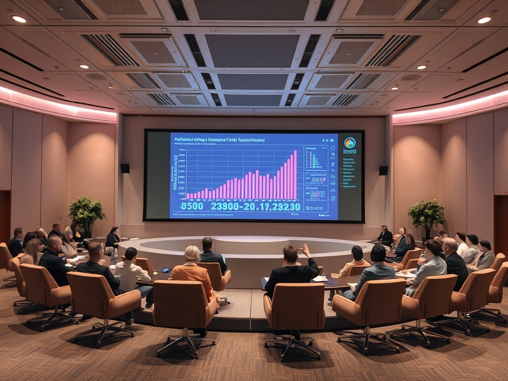 На встрече группы людей представлен график на экране. Обсуждаются вопросы и анализируются данные.