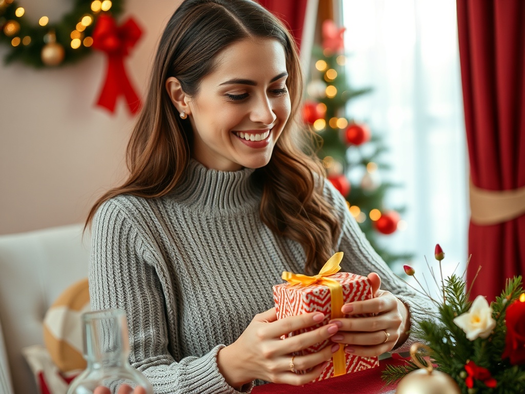 На изображении радостная женщина в сером свитере держит подарочную коробку с желтой лентой на праздничном фоне.