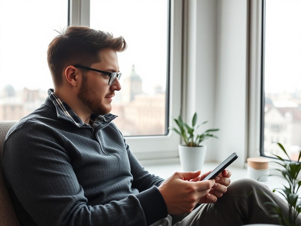 Молодой человек в очках сидит у окна, используя смартфон, на фоне городского пейзажа и растений.