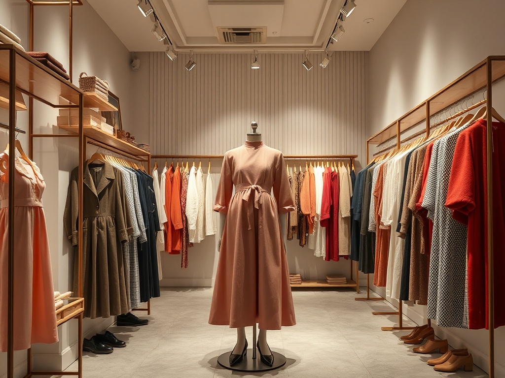 Магазин одежды с выставленным одеждой на манекене и аккуратно организованными полками.