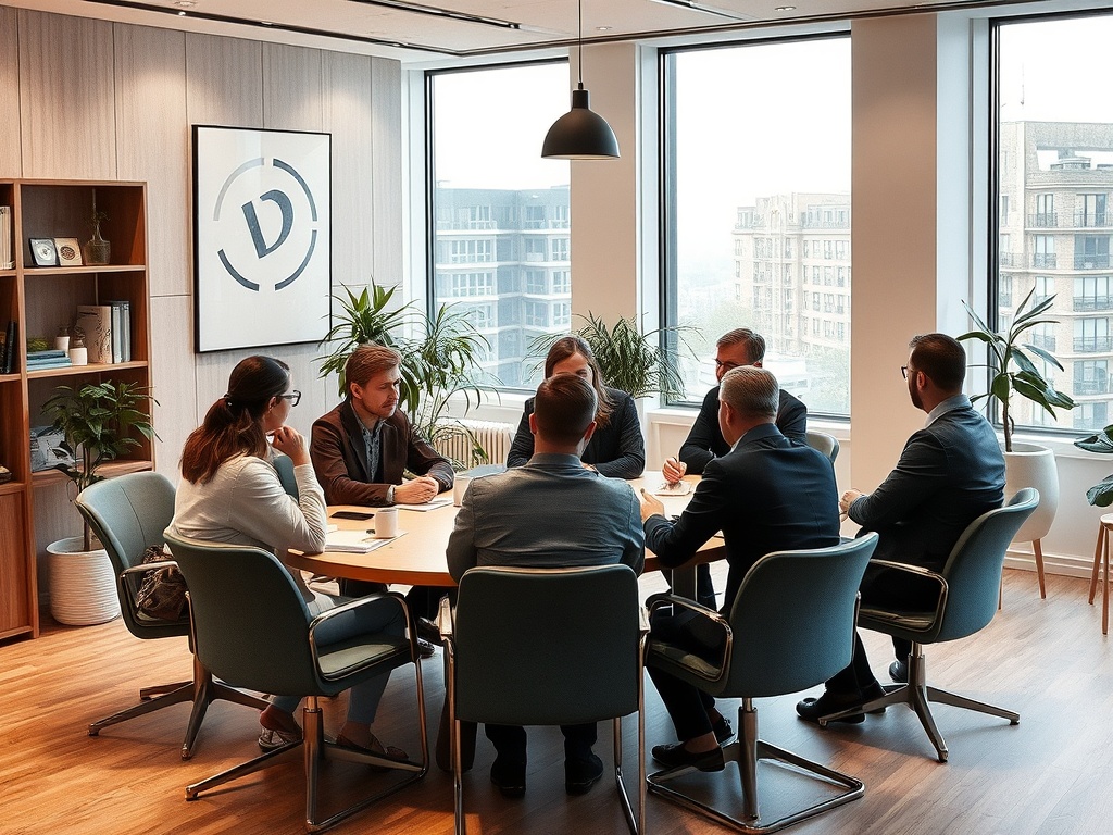 Группа людей проводит деловую встречу в современном офисе, обсуждая важные вопросы за круглым столом.