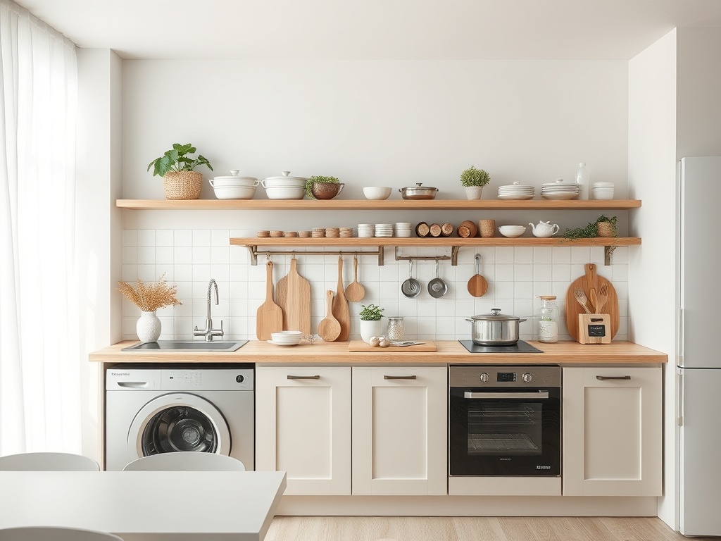 Современная кухня с деревянными полками, посудой и бытовой техникой, уютное пространство для приготовления еды.