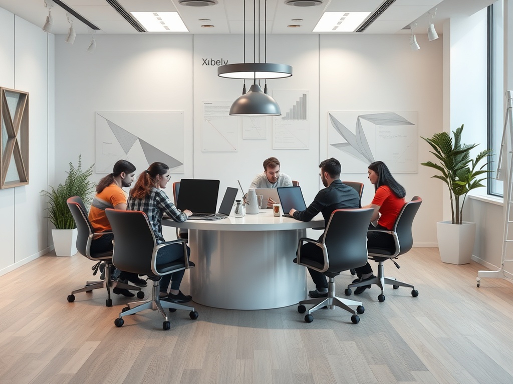 Группа людей в офисе обсуждает проект за круглым столом. Современный интерьер, светлое пространство.