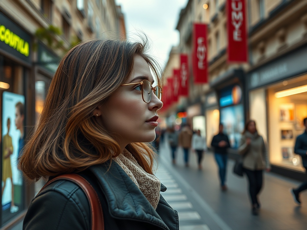 На улице девушка в очках, смотрящая в сторону, вокруг люди и магазины на фоне.