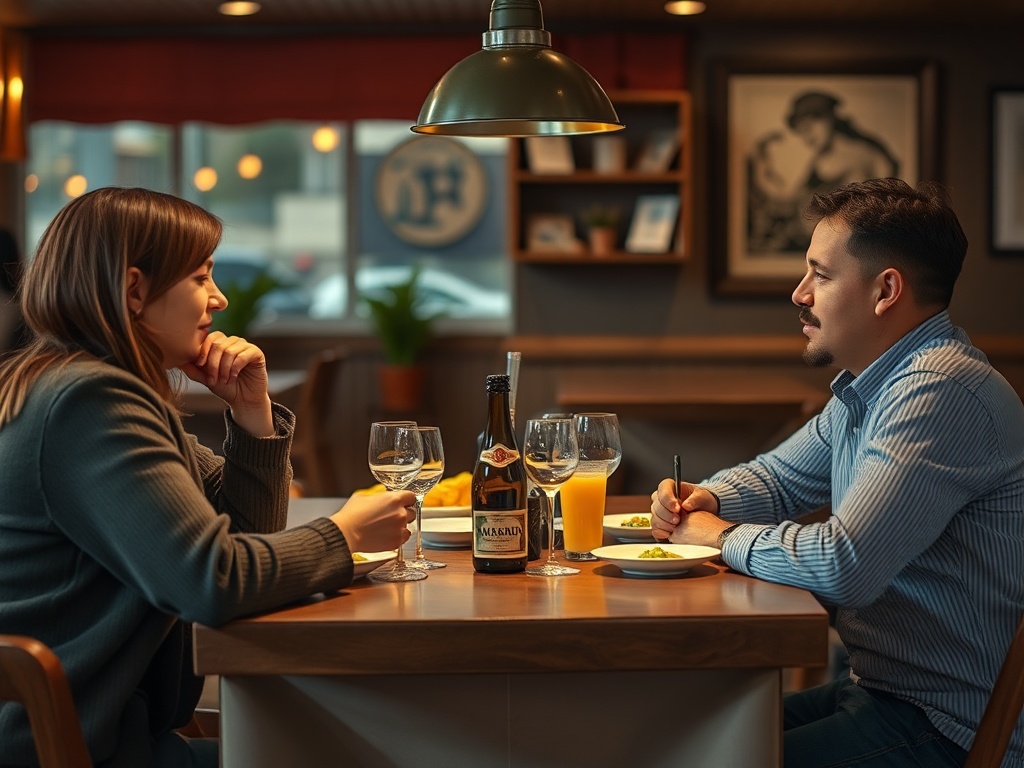 На столе ресторанной обстановки пара беседует, на столе еда и напитки, мужчина делает заметки.