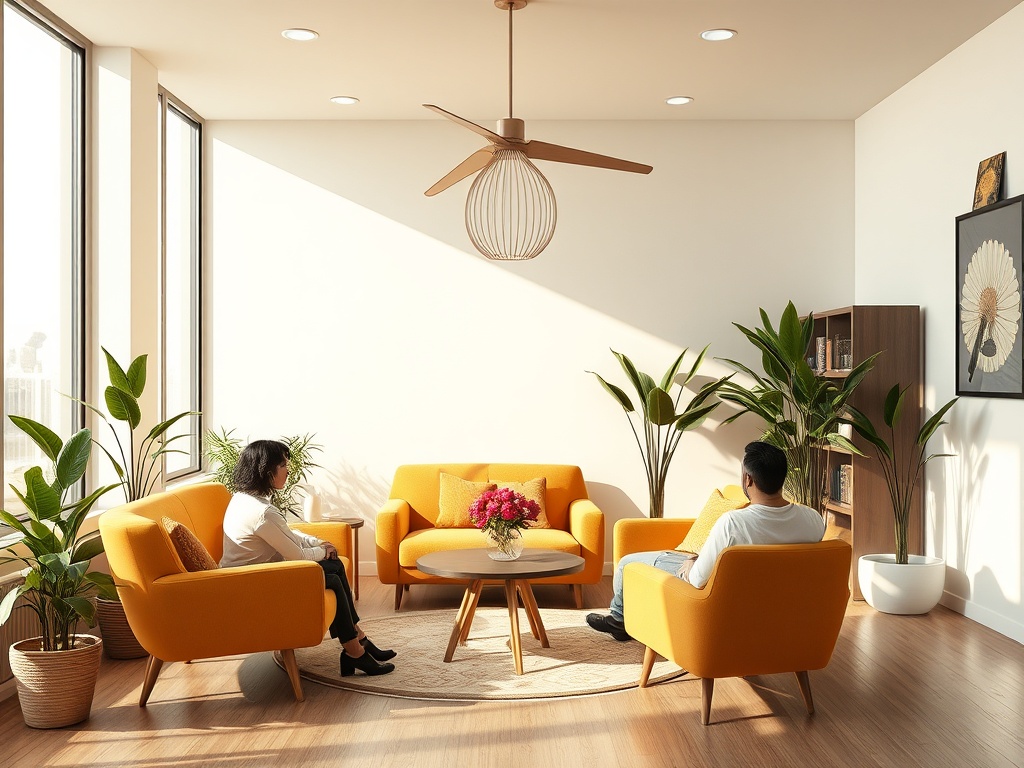Современная комната с яркими оранжевыми креслами, растениями и столом, где сидят двое людей.