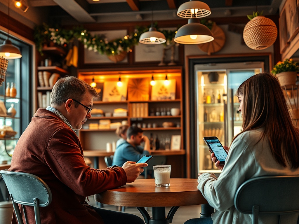 В уютном кафе два человека сидят за столом, увлечённо смотря в свои телефоны. На столе стоит стакан с напитком.
