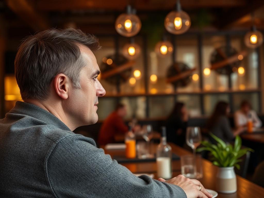 Мужчина сидит в ресторане, смотрит в сторону. Интерьер с мягким освещением и живыми растениями.