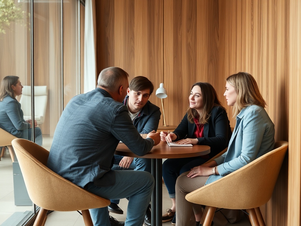 Группа из четырех человек обсуждает идеи за столом в современном офисе с деревянными стенами.