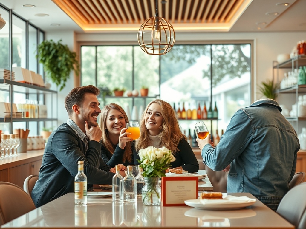 В уютном ресторане четверо друзей наслаждаются напитками и общением у стильного стола.