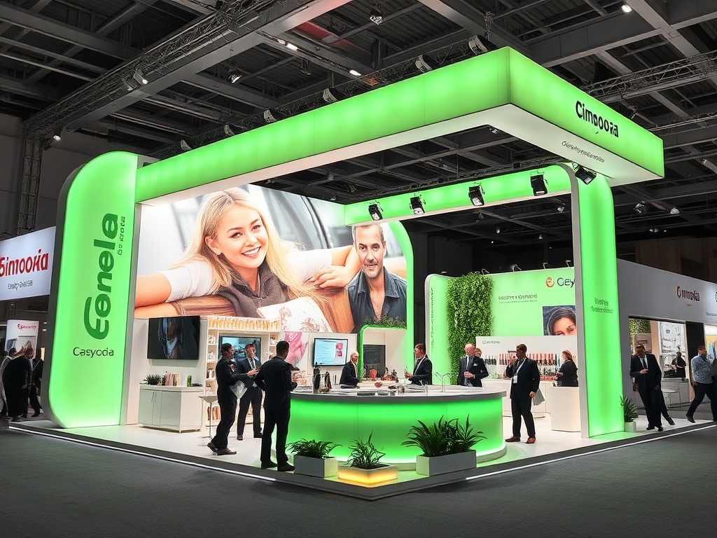 Выставочный стенд с яркой зелёной подсветкой и изображениями людей на большом экране. Много посетителей.