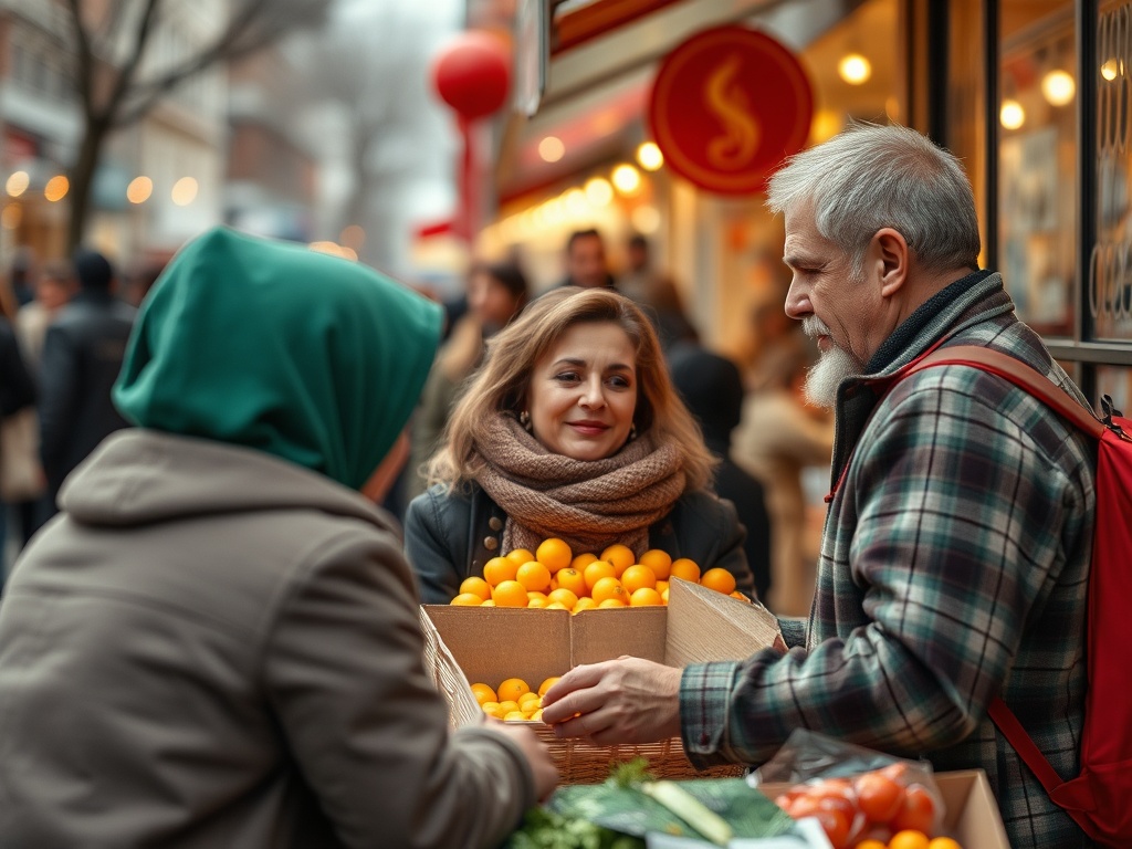 На рынке женщина с улыбкой выбирает апельсины у продавца в теплом шарфе и с корзиной.