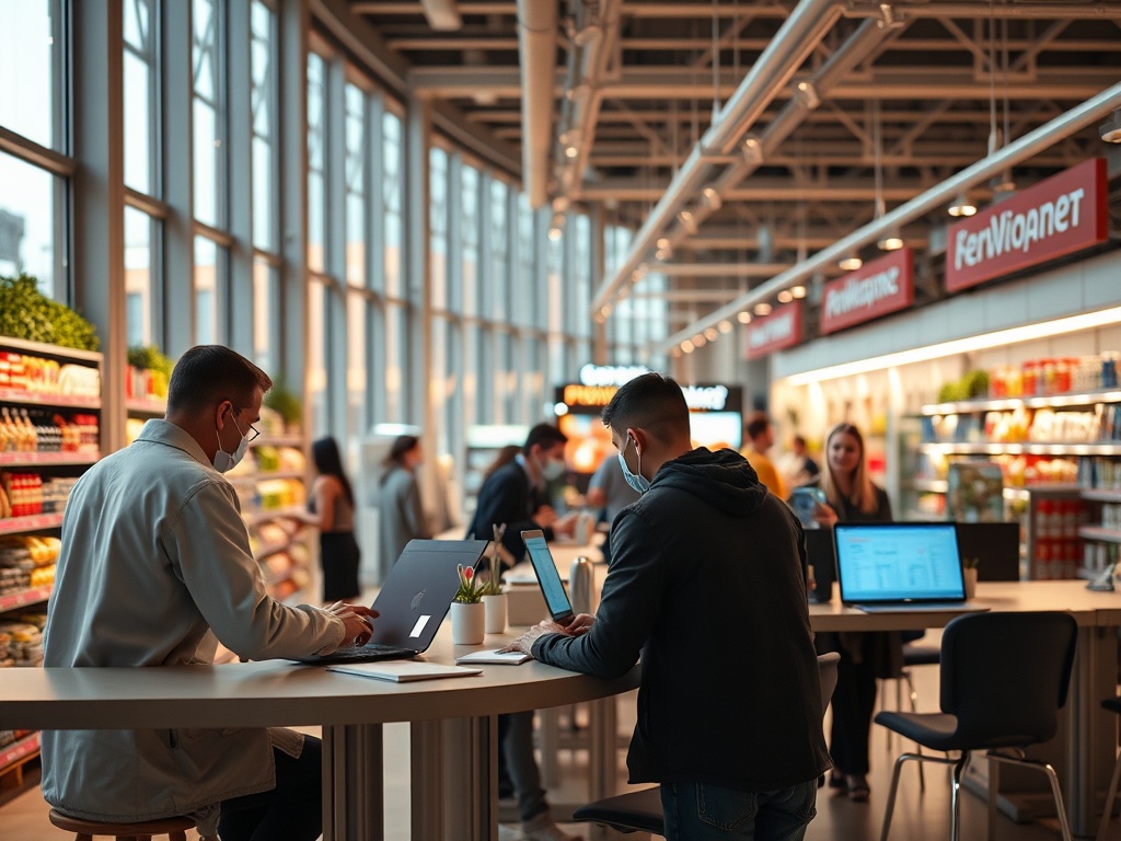 Люди работают за ноутбуками в современном магазине с ярким освещением и стеллажами с продуктами.