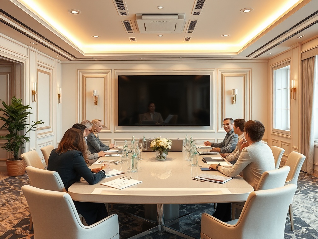 Совещание в элегантном конференц-зале с участниками за столом и большим экраном для презентаций.