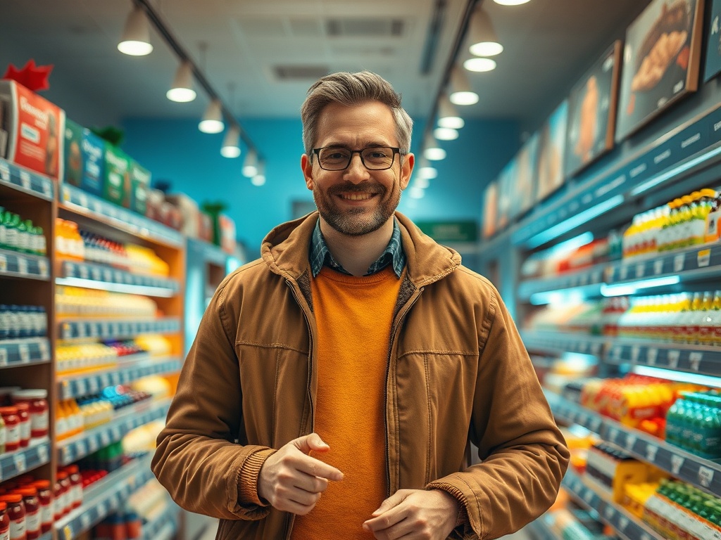 Мужчина в очках улыбается в магазине, окружённый полками с продуктами и напитками.