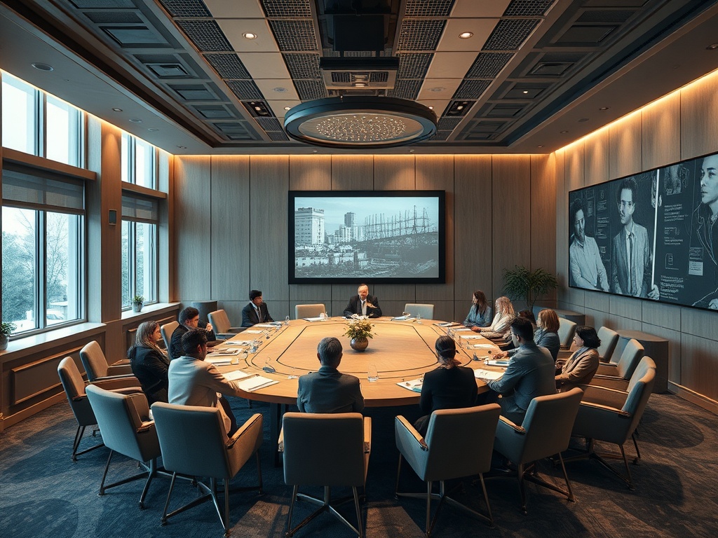 Совещание в современном конференц-зале с презентацией на экране и участниками за круглым столом.