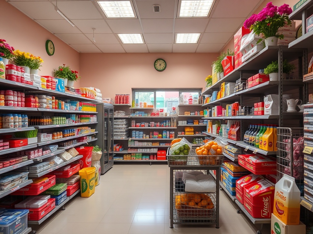 В магазине яркие полки с продуктами, фруктами и упаковками. Заводские изделия и освежающий дизайн интерьера.