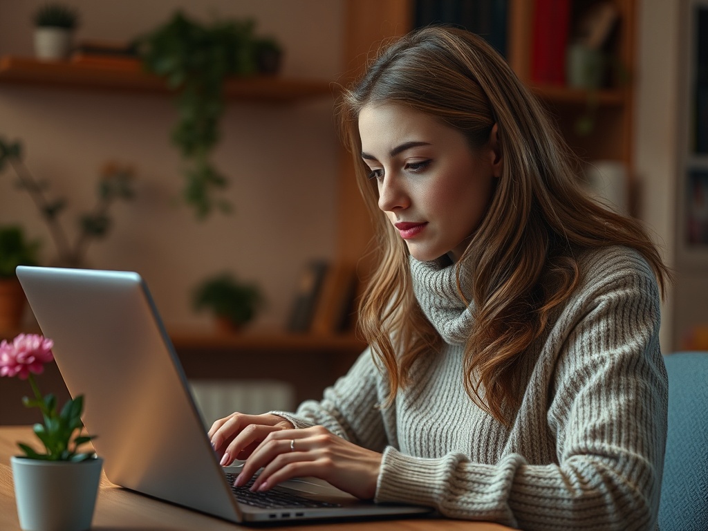 Молодая женщина в светлом свитере печатает на ноутбуке в уютном интерьере с растениями на столе.