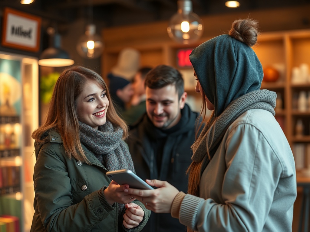 Две девушки обсуждают что-то на телефоне в кафе, рядом с ними стоит молодой человек. Вечерняя атмосфера.