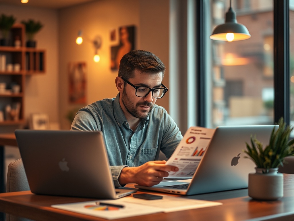 Молодой человек в очках читает отчет, работая за столом с двумя ноутбуками и растением на фоне.