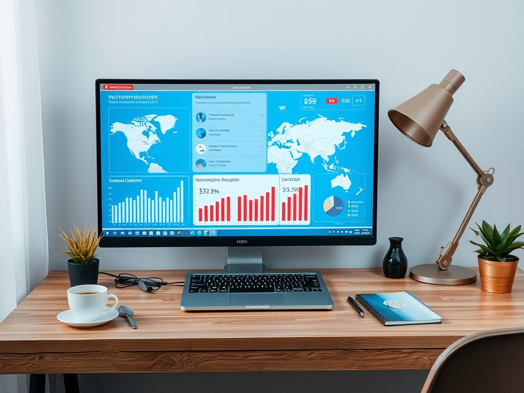 На столе компьютер с графиками и картой мира, рядом чашка кофе и растения в горшках.