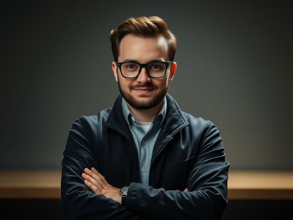 Молодой человек с аккуратной прической и очками стоит с сложенными на груди руками на нейтральном фоне.