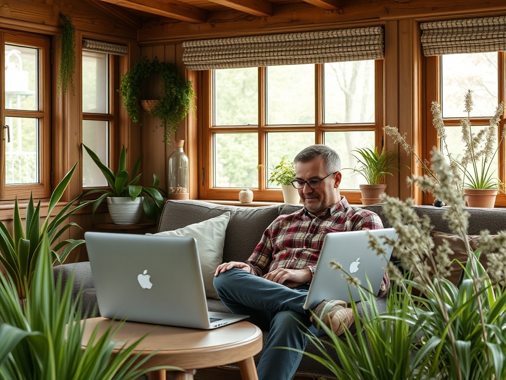 Человек в очках сидит на диване с двумя ноутбуками, окружённый зелёными растениями и уютной атмосферой.