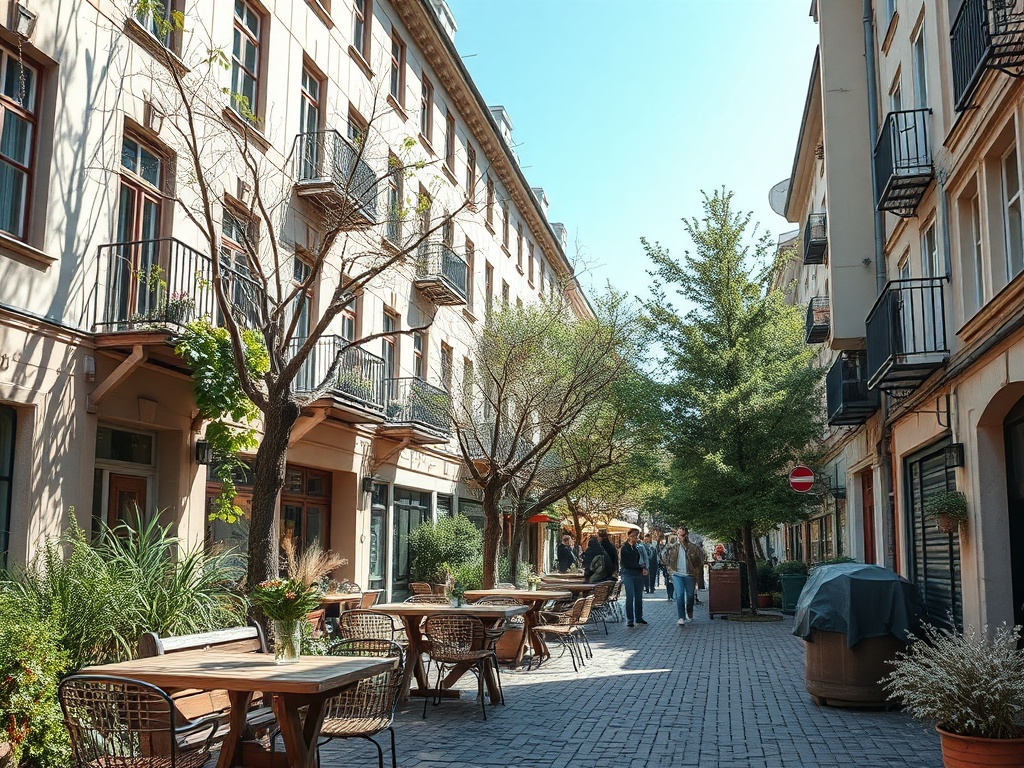 Уютная улица с кафе, деревьями и людьми, наслаждающимися солнечным днем в городе.