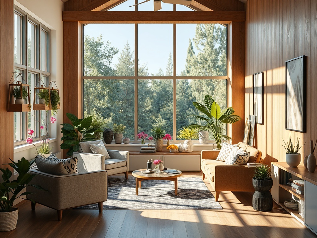 Светлая гостиная с большими окнами, растениями и уютной мебелью, создающей атмосферу комфорта.